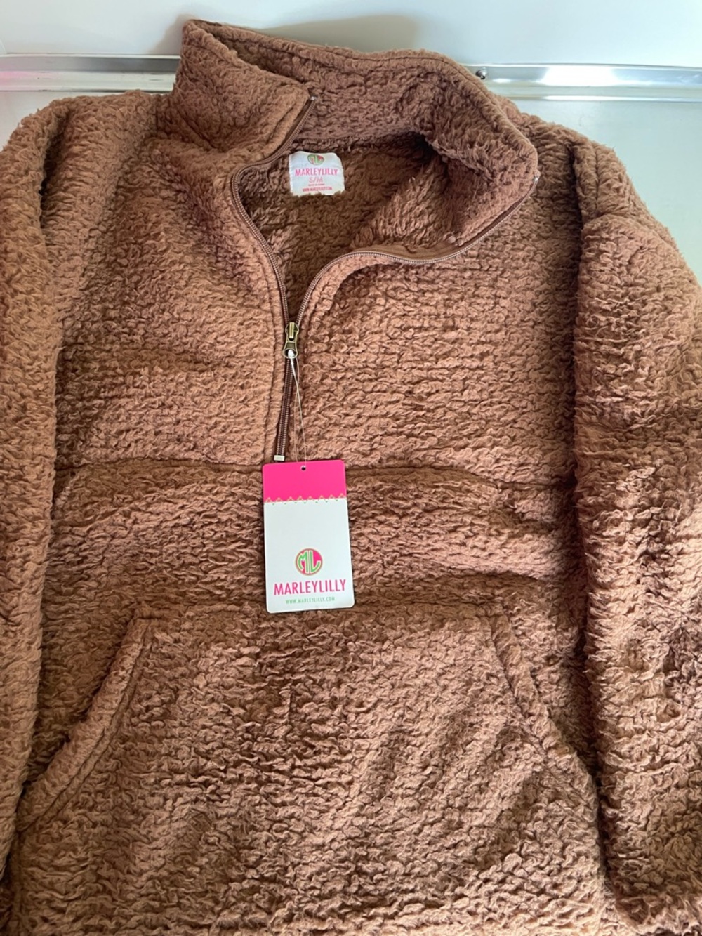 MarleyLilly Women's Brown Sherpa Half-Zip Pullover Hoodie